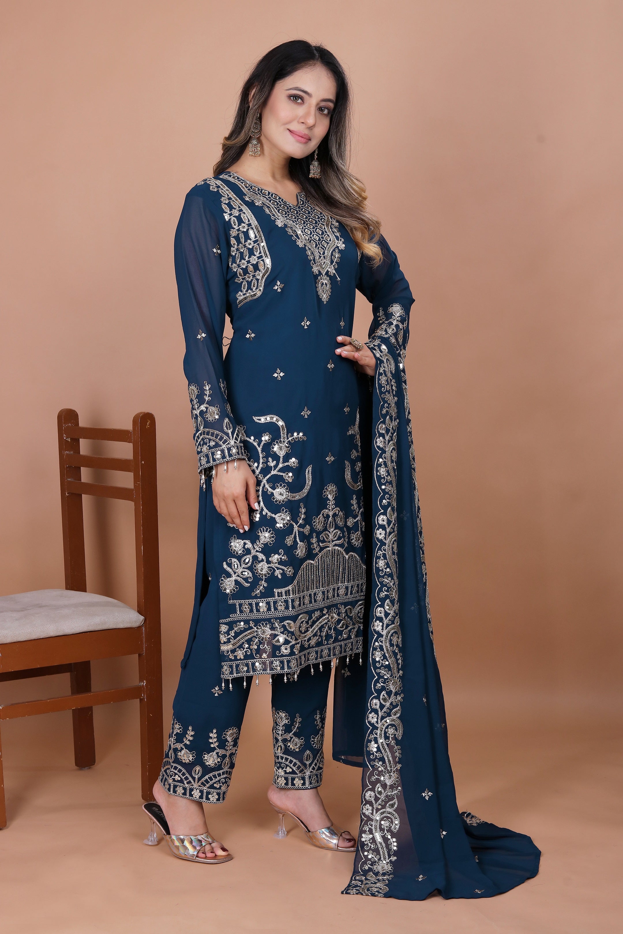 Lehenga Mart Georgette Top Pant Dupatta for Girls or Women - Blue