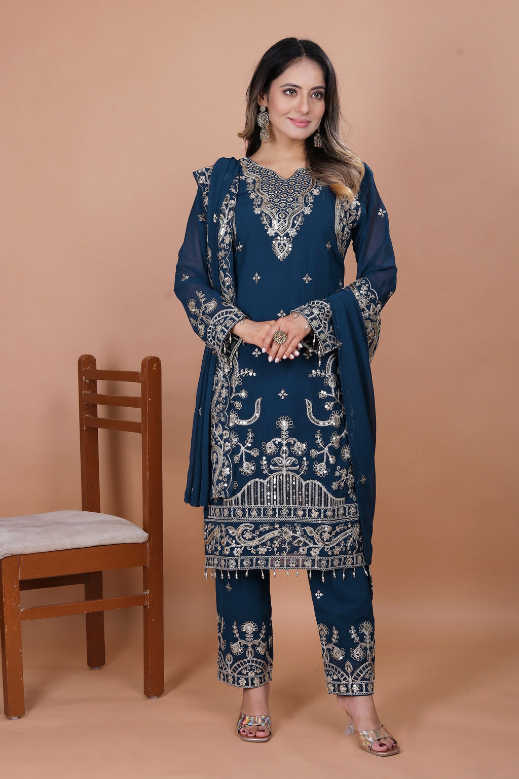 Lehenga Mart Georgette Top Pant Dupatta for Girls or Women - Blue