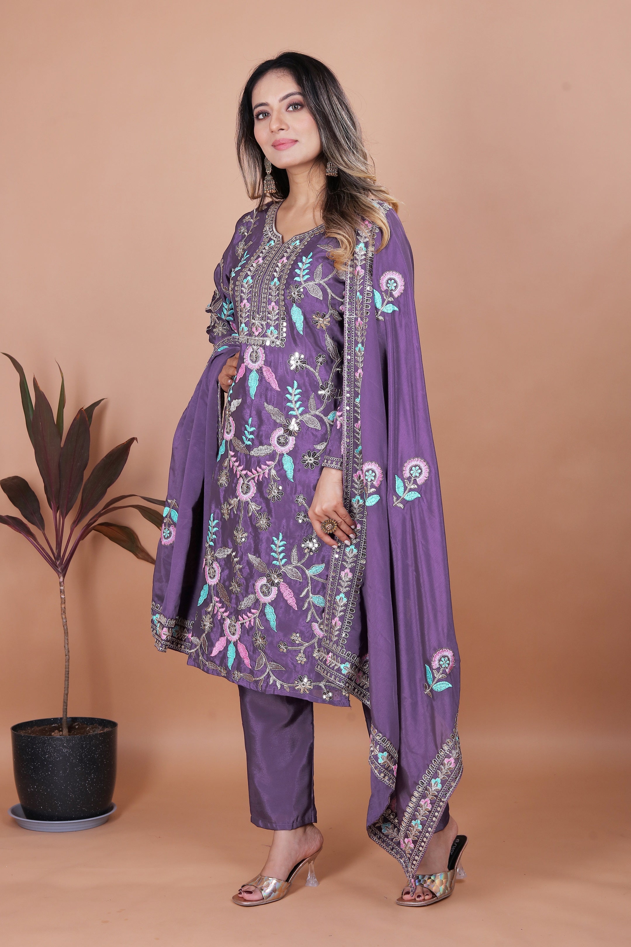 Lehenga Mart Chinon Top Pant Dupatta for Girls or Women - Blue