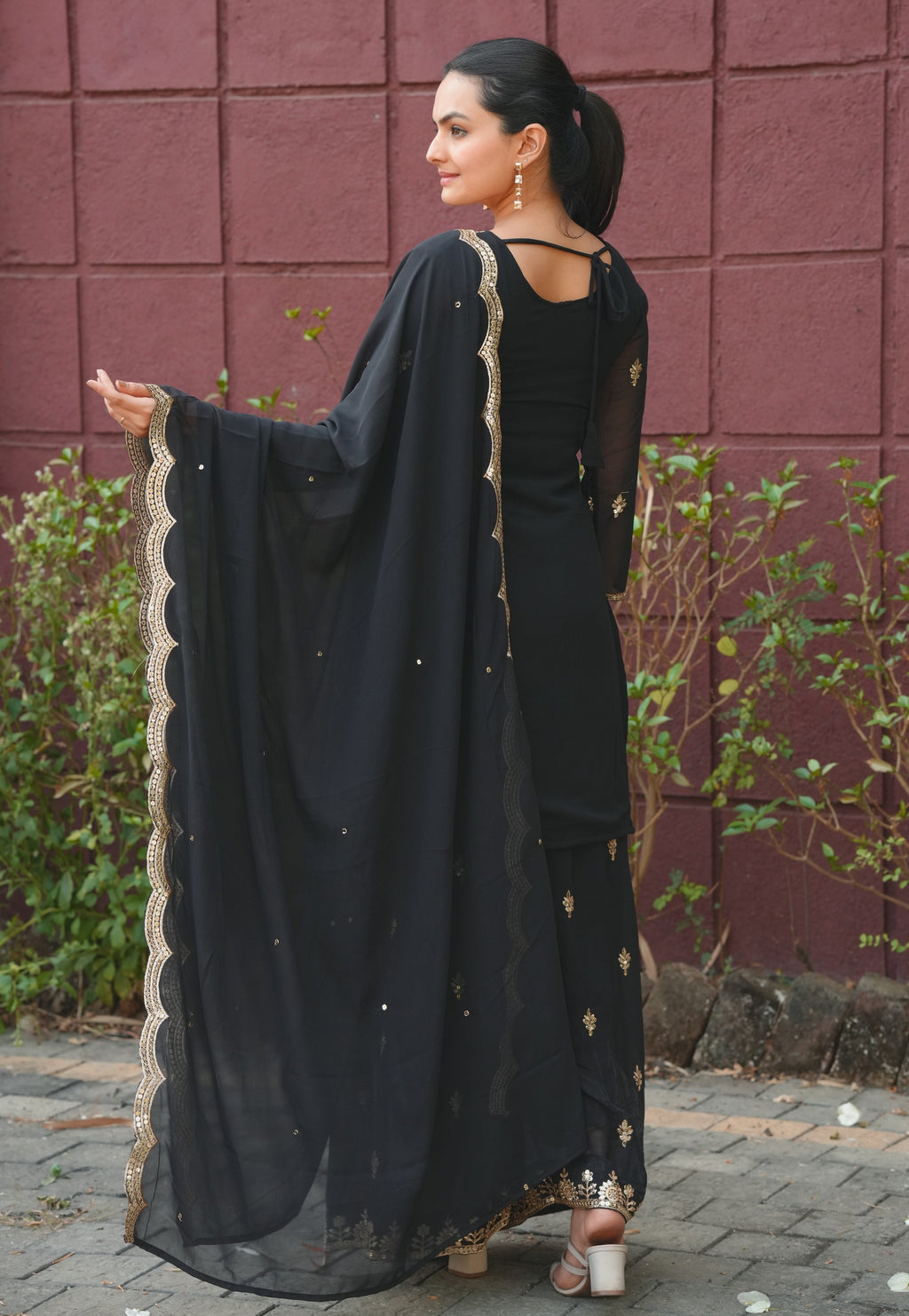 Lehenga Mart Designer Georgette Sharara Suit Dupatta for Women - Black