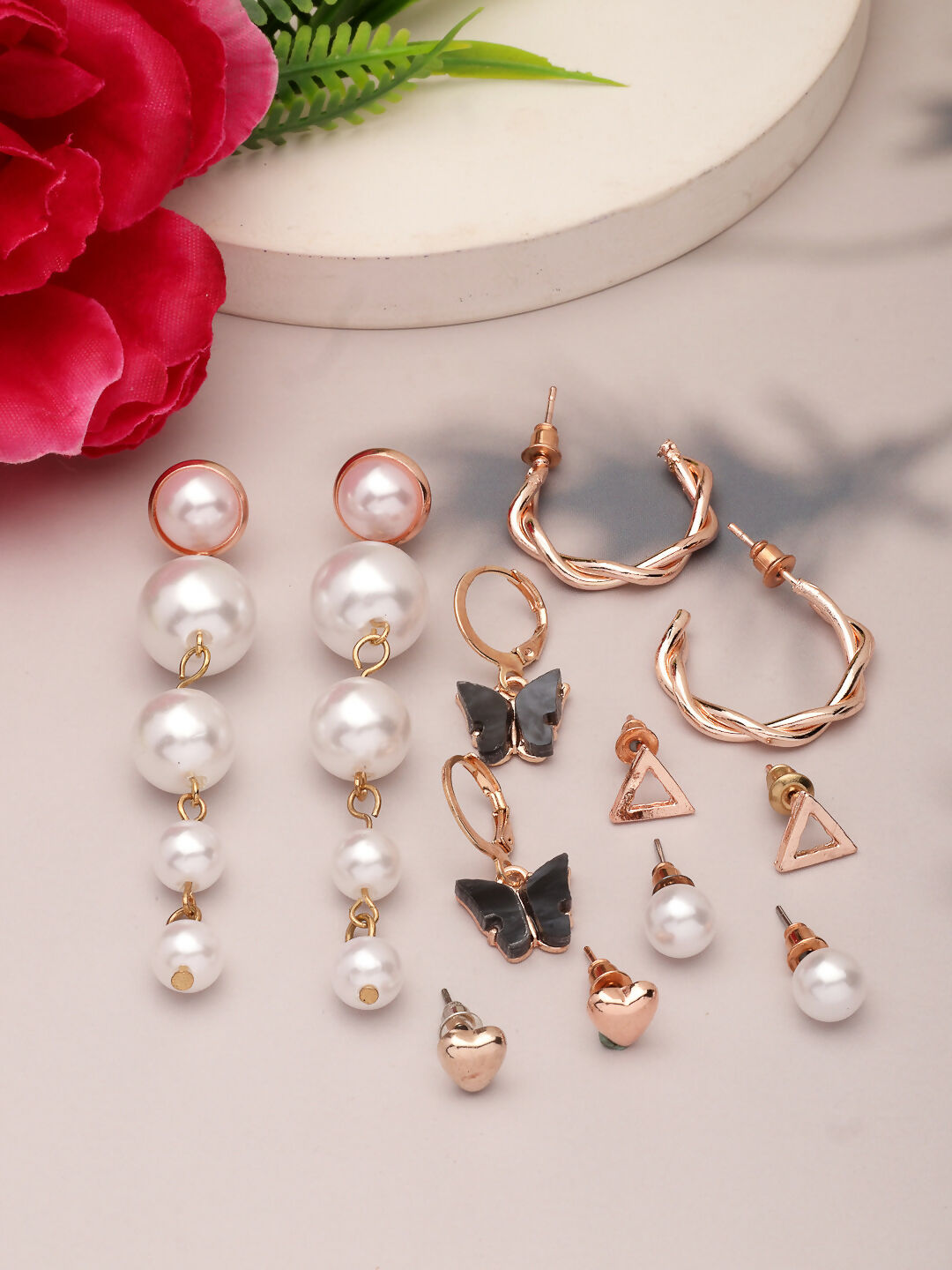 NVR Women's Set of 6 White Pearl Gold-Polished Contemporary Drop Earrings