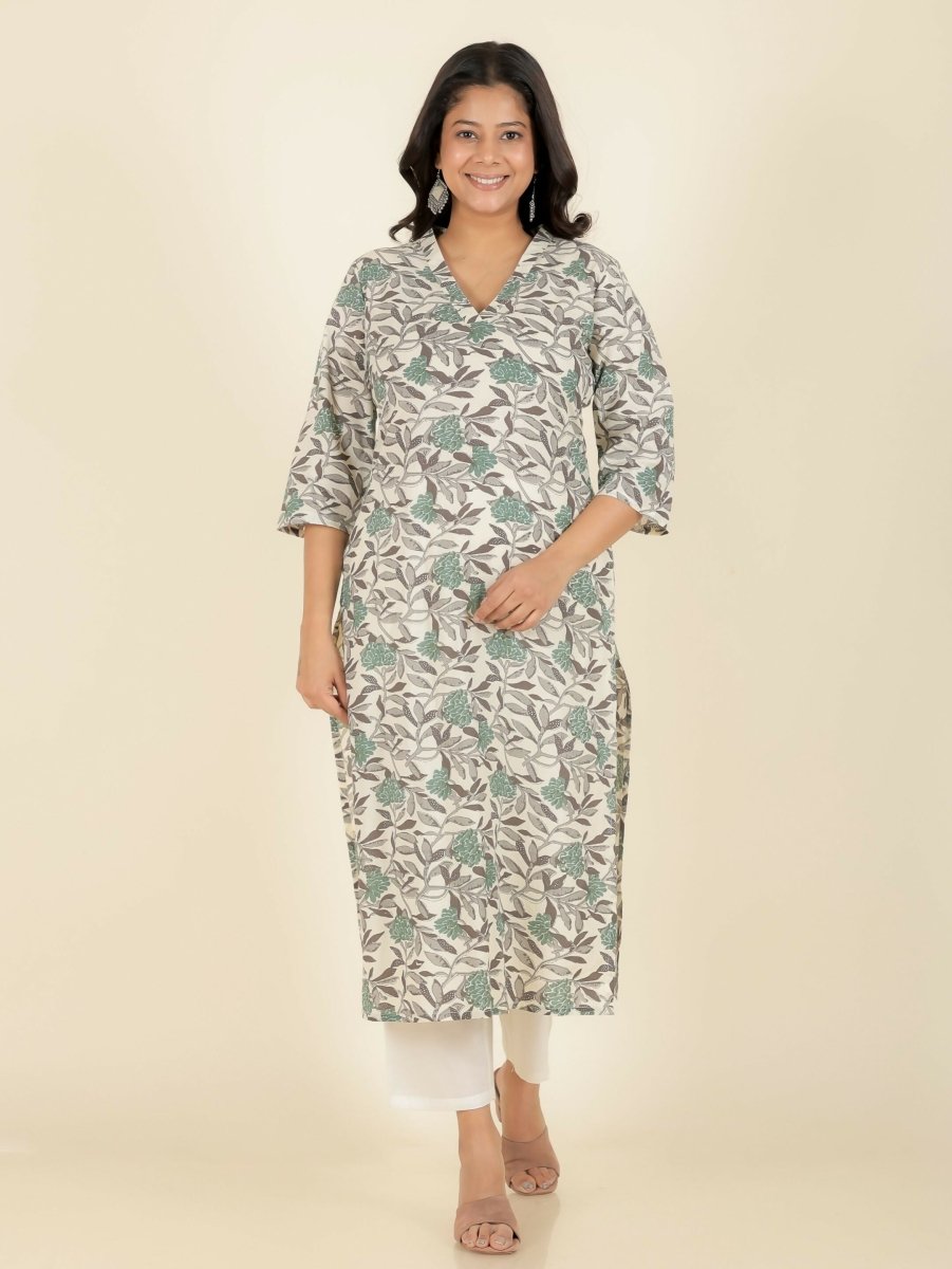 Aramya Straight Soft Cotton Floral Print Women's Kurta - Off White