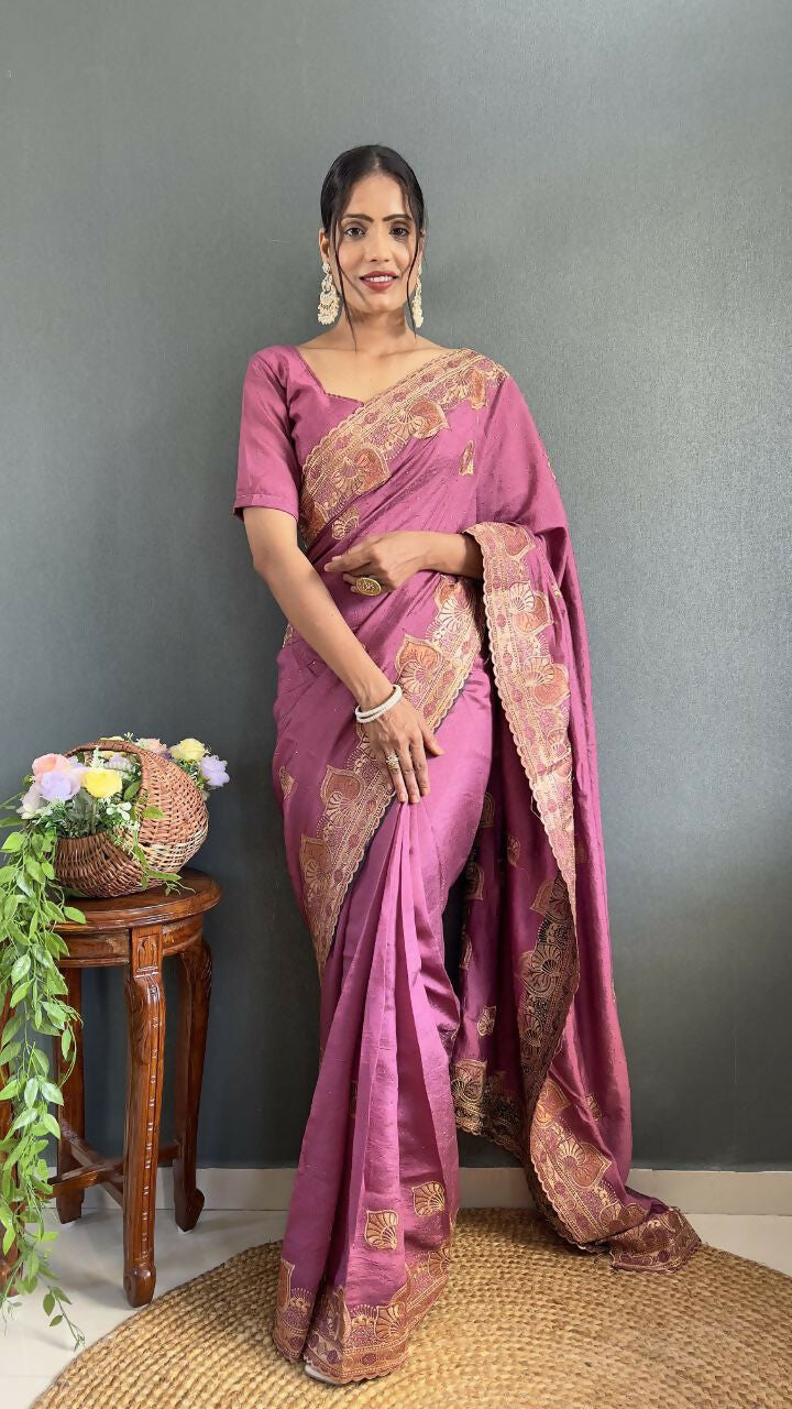 Vastranavya Mauve Vichitra Silk Zari with Swarovski Work Ready to Wear Saree