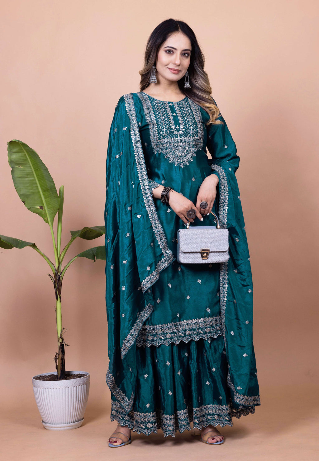 Lehenga Mart Designer Chinon Sharara Suit With Sequence Embroidered Work - Teal blue