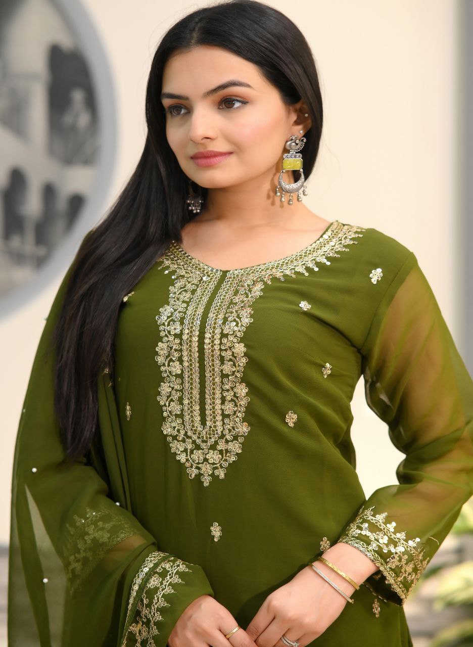 Lehenga Mart Designer Faux Georgette Suit With Embroidered Work - Mahendi