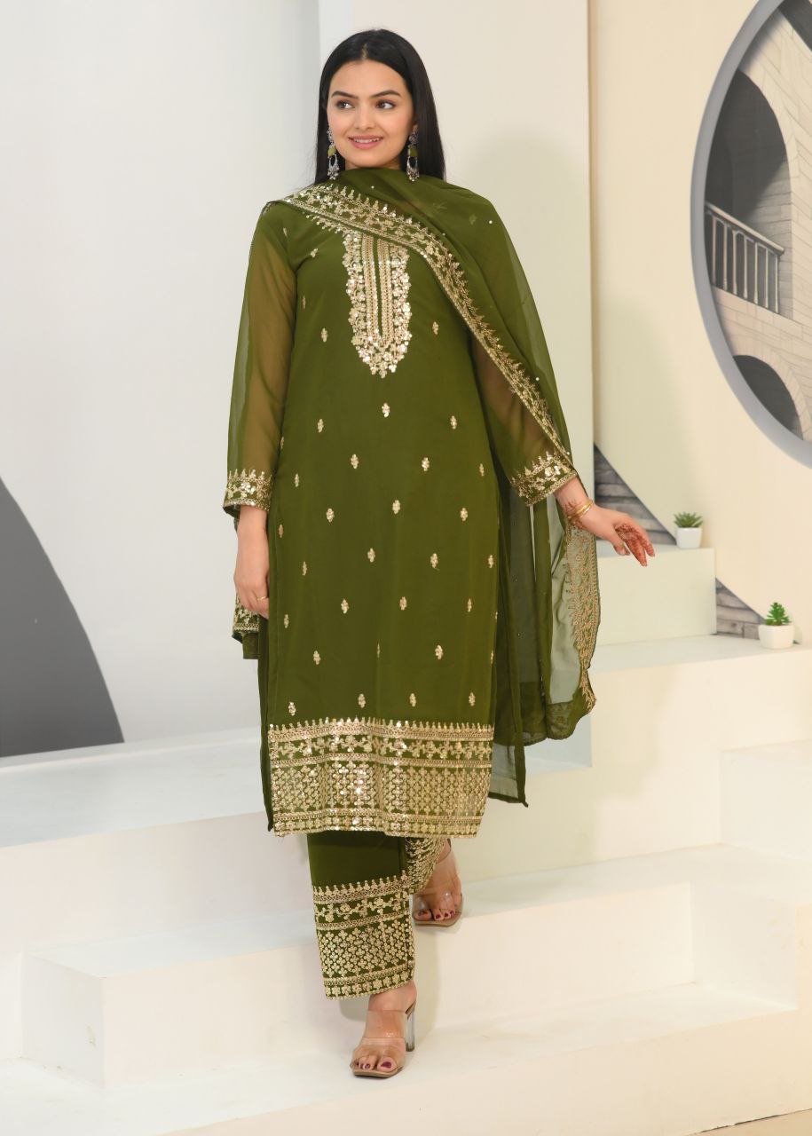 Lehenga Mart Designer Faux Georgette Suit With Embroidered Work - Mahendi