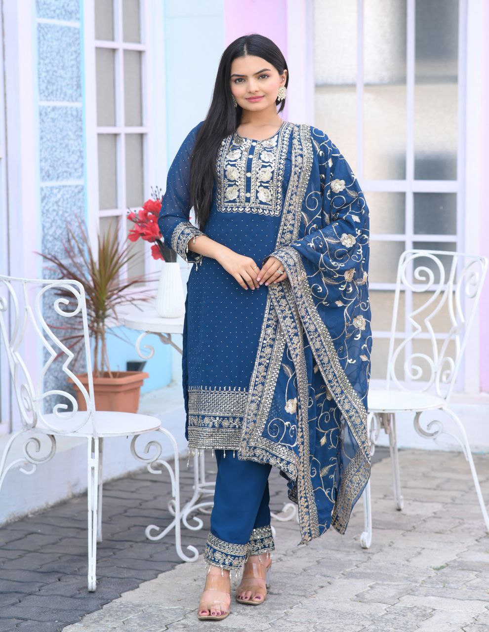 Lehenga Mart Designer Faux Georgette Suit With Embroidered Work And Stone Work - Blue