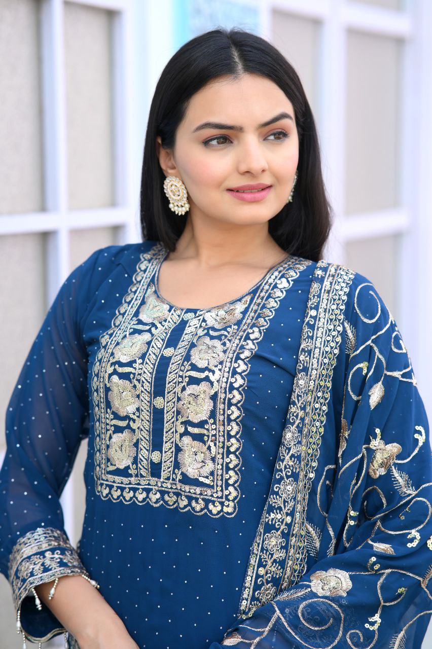 Lehenga Mart Designer Faux Georgette Suit With Embroidered Work And Stone Work - Blue
