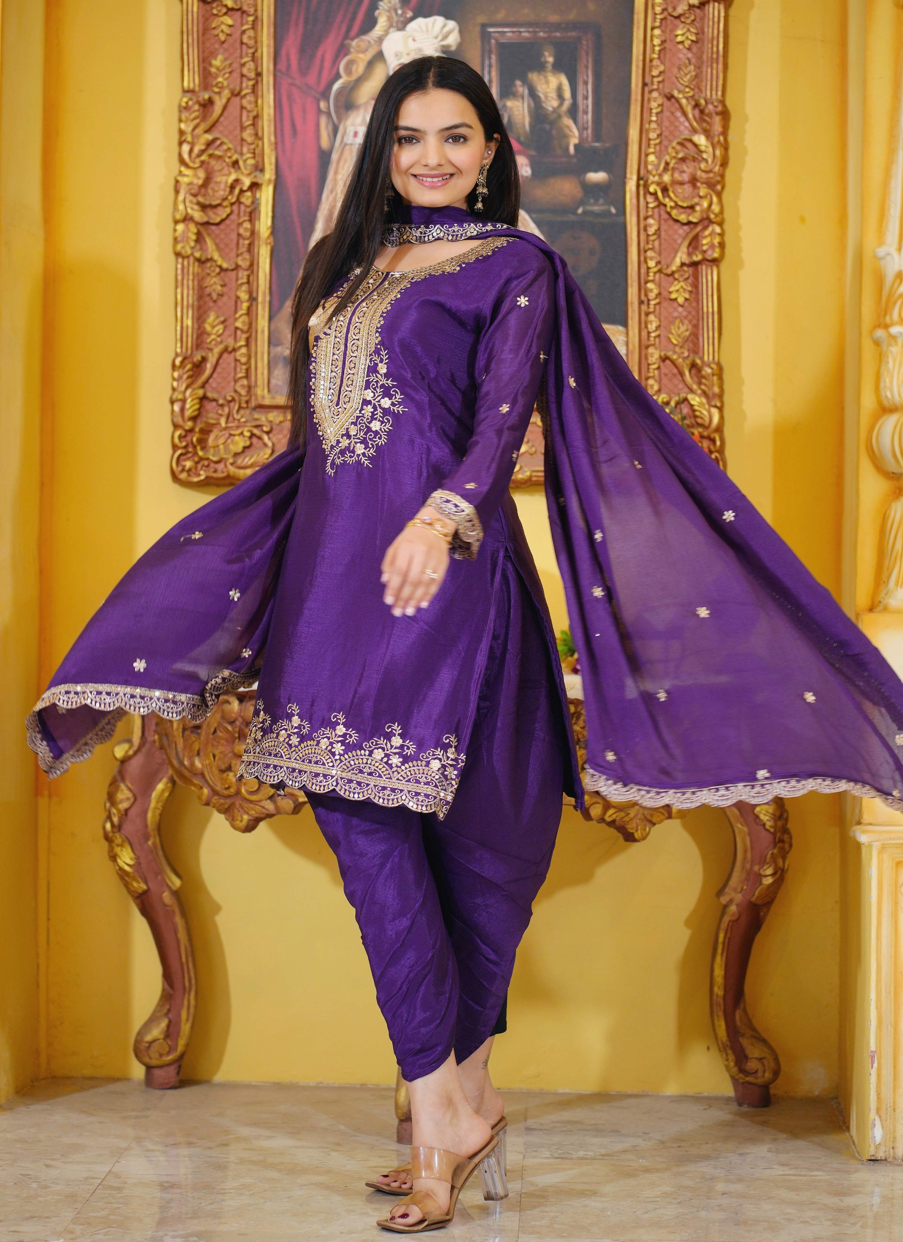 Lehenga Mart Designer Chinon Dhoti Suit With Sequence Embroidered Work - Purple