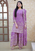 Lehenga Mart Designer Faux Georgette Sharara Suit With Sequence Embroidered Work - Lavender