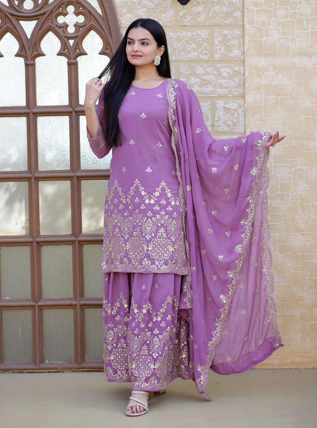Lehenga Mart Designer Faux Georgette Sharara Suit With Sequence Embroidered Work - Lavender