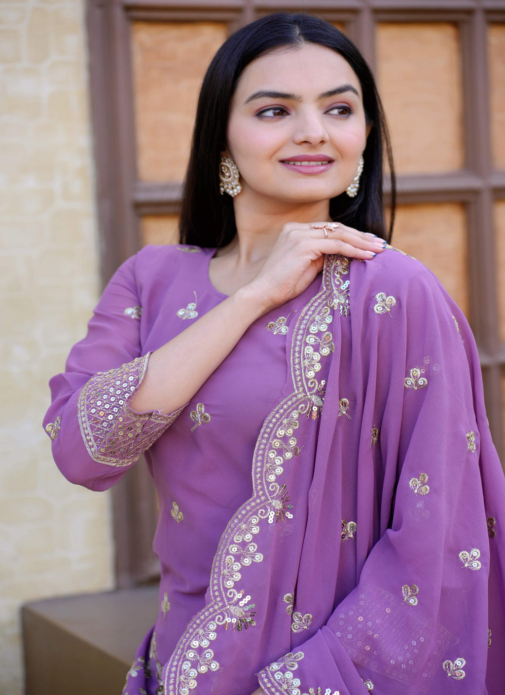 Lehenga Mart Designer Faux Georgette Sharara Suit With Sequence Embroidered Work - Lavender