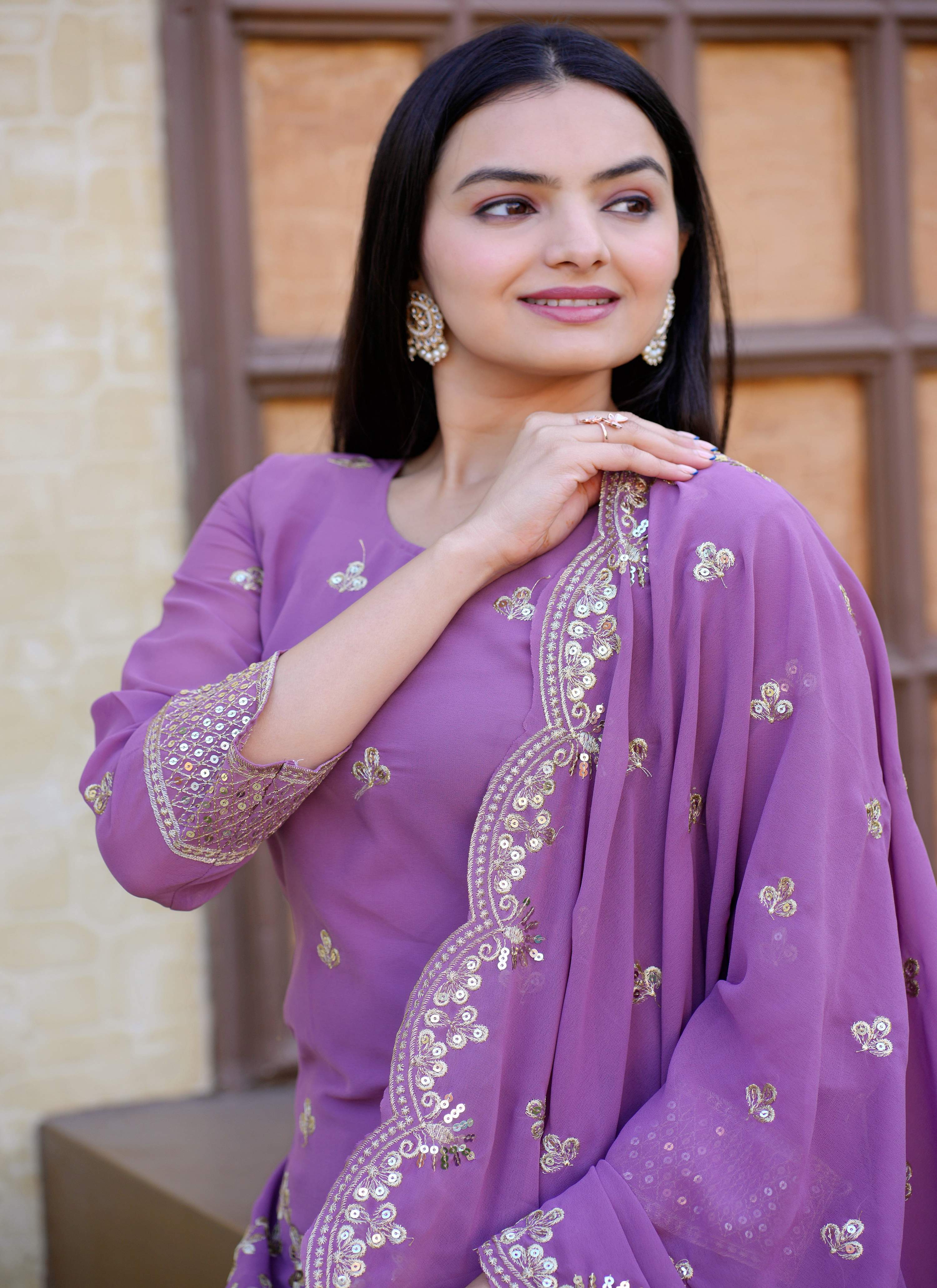 Lehenga Mart Designer Faux Georgette Sharara Suit With Sequence Embroidered Work - Lavender