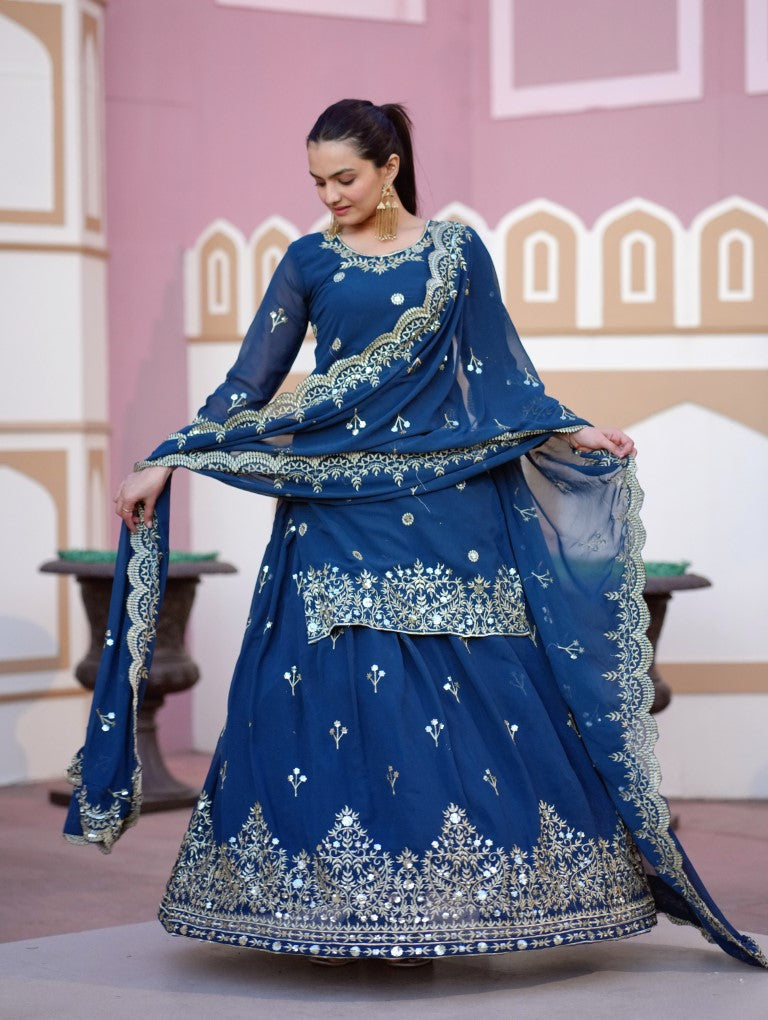 Lehenga Mart Designer Faux Georgette Lehenga Suit With Sequence Embroidered Work - Teal Blue