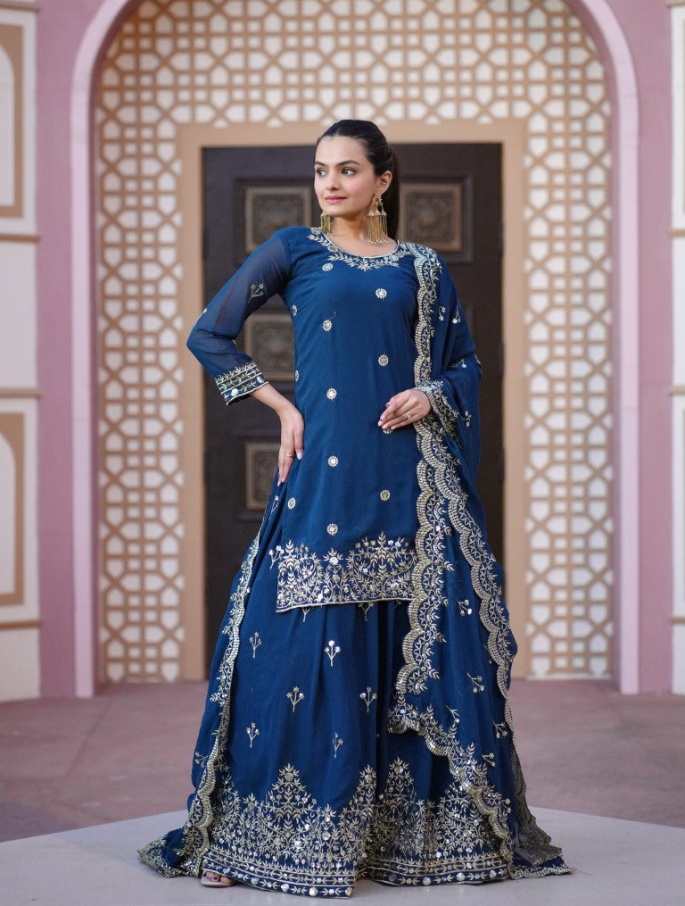 Lehenga Mart Designer Faux Georgette Lehenga Suit With Sequence Embroidered Work - Teal Blue