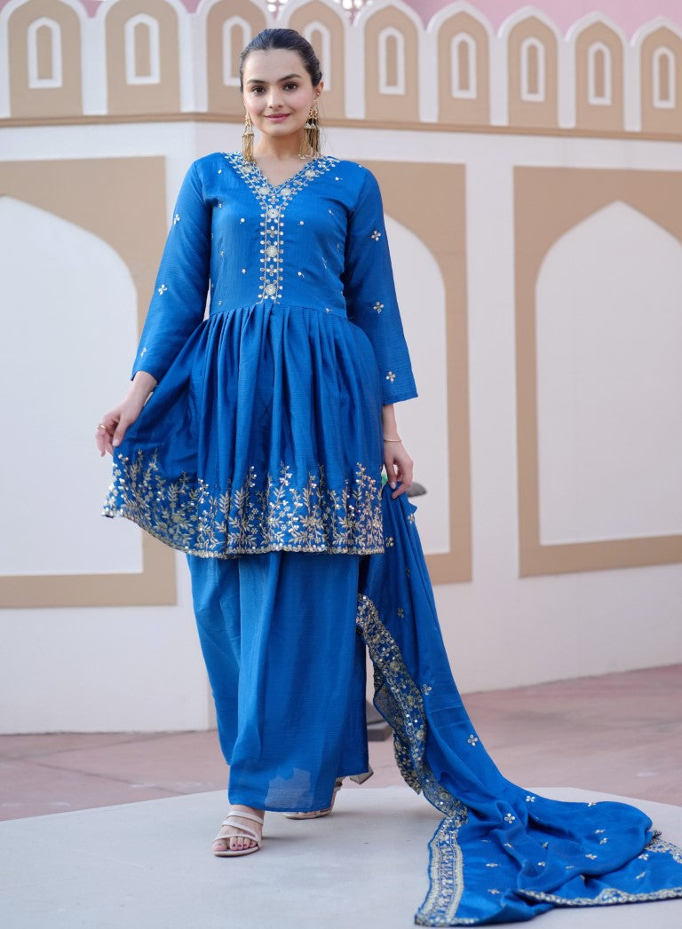 Lehenga Mart Designer Chinon Sharara Suit With Sequence Embroidered Work - Blue