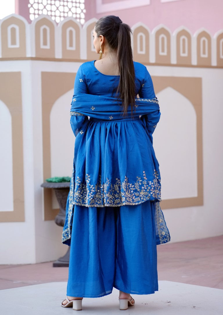Lehenga Mart Designer Chinon Sharara Suit With Sequence Embroidered Work - Blue