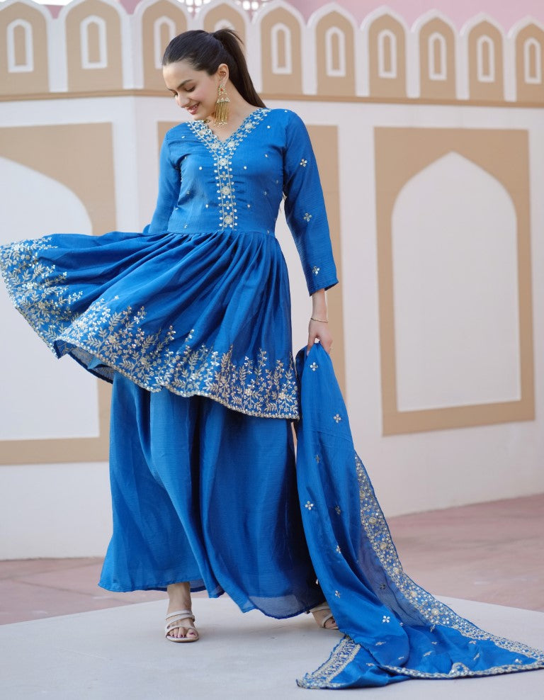 Lehenga Mart Designer Chinon Sharara Suit With Sequence Embroidered Work - Blue
