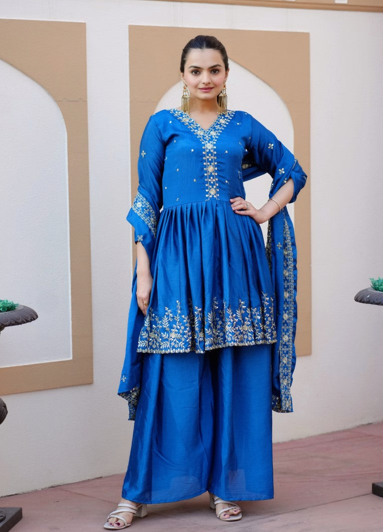 Lehenga Mart Designer Chinon Sharara Suit With Sequence Embroidered Work - Blue