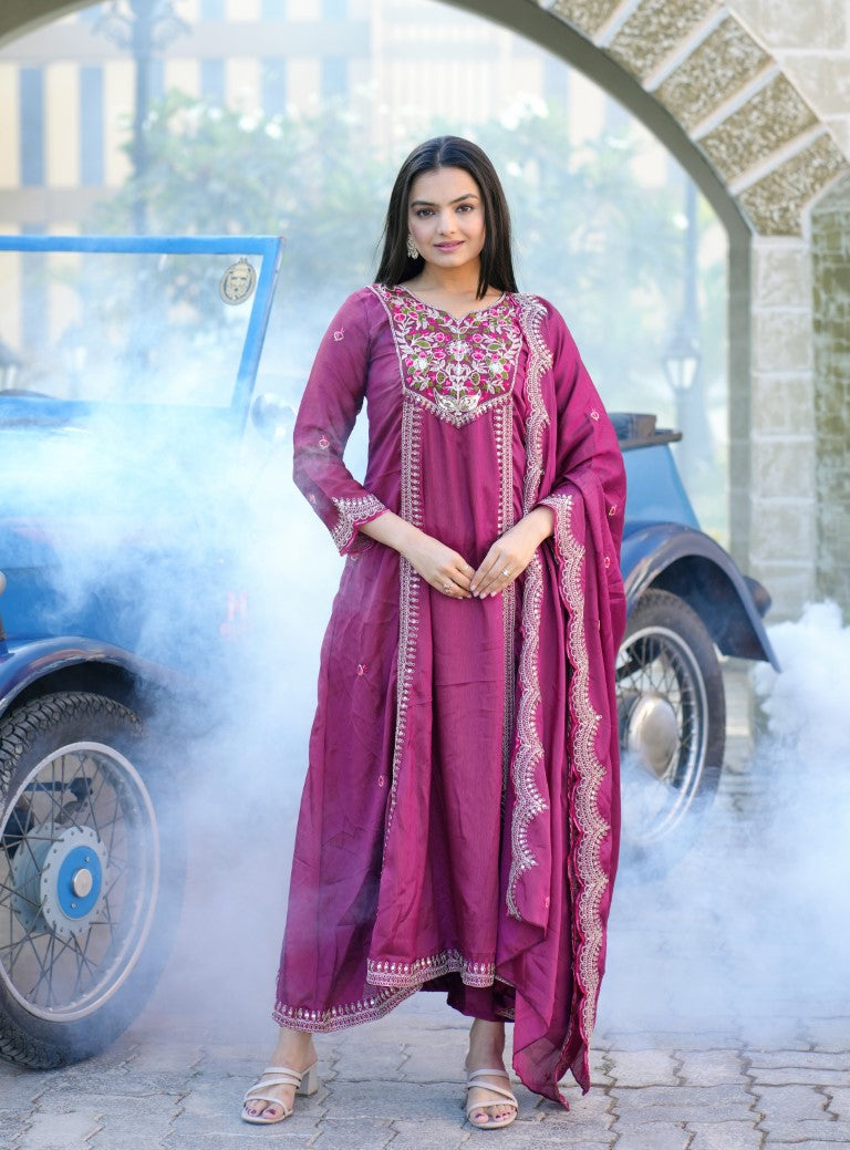 Lehenga Mart Designer Chinon Gown With Coding Sequence Embroidered Work - Purple