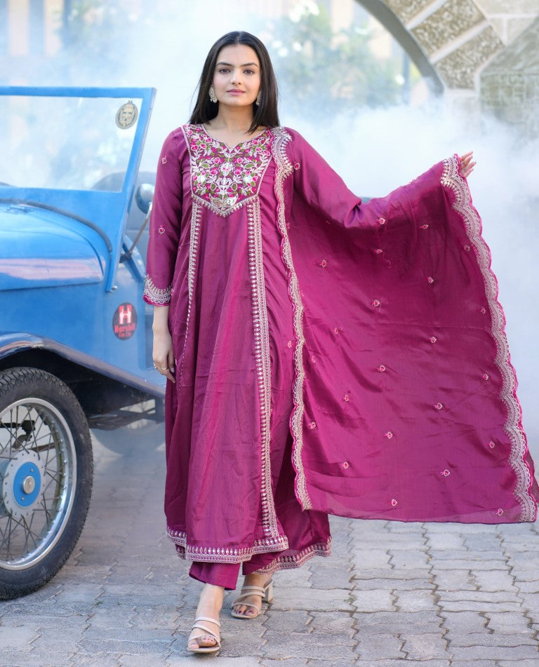 Lehenga Mart Designer Chinon Gown With Coding Sequence Embroidered Work - Purple