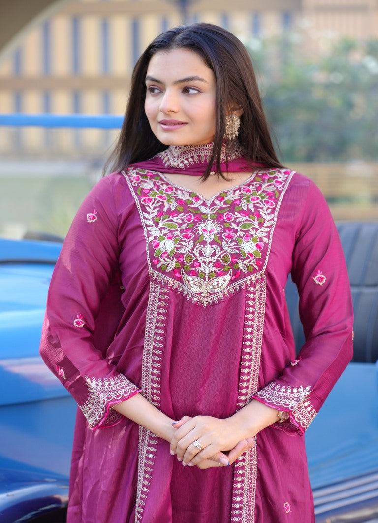 Lehenga Mart Designer Chinon Gown With Coding Sequence Embroidered Work - Purple