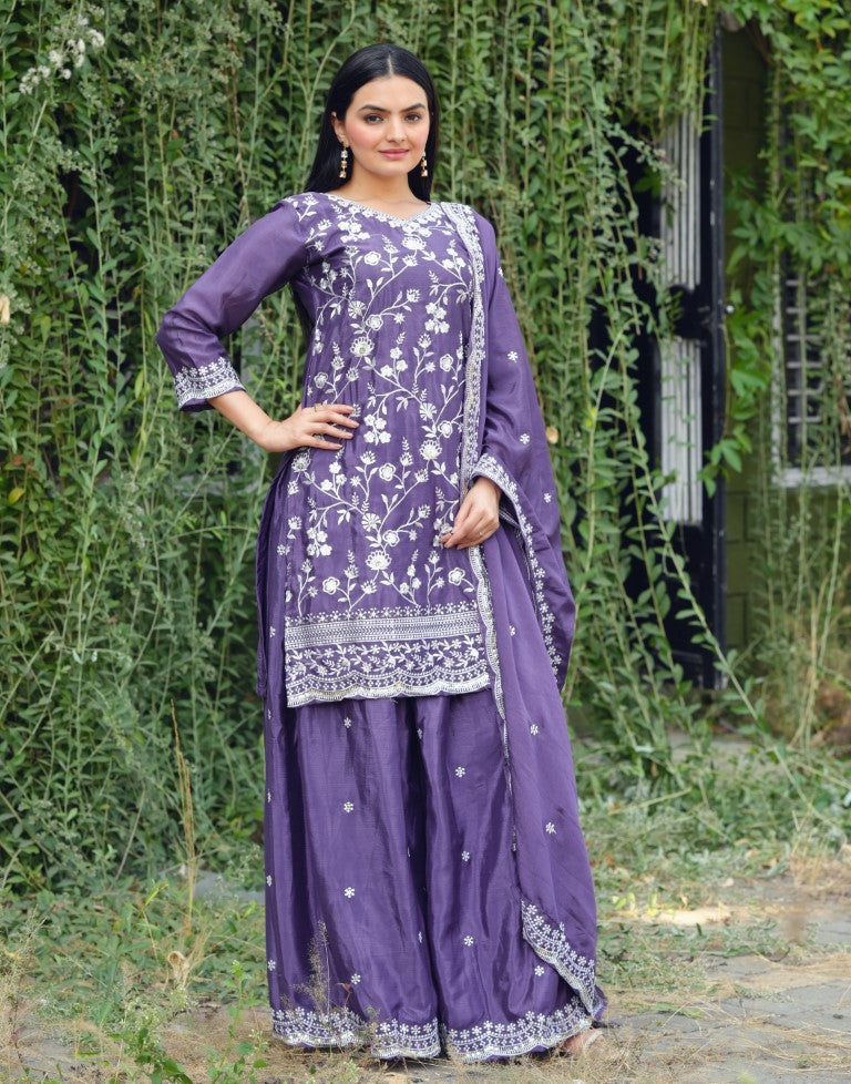 Lehenga Mart Designer Chinon Sharara Suit With Sequence Embroidered Work - Blue