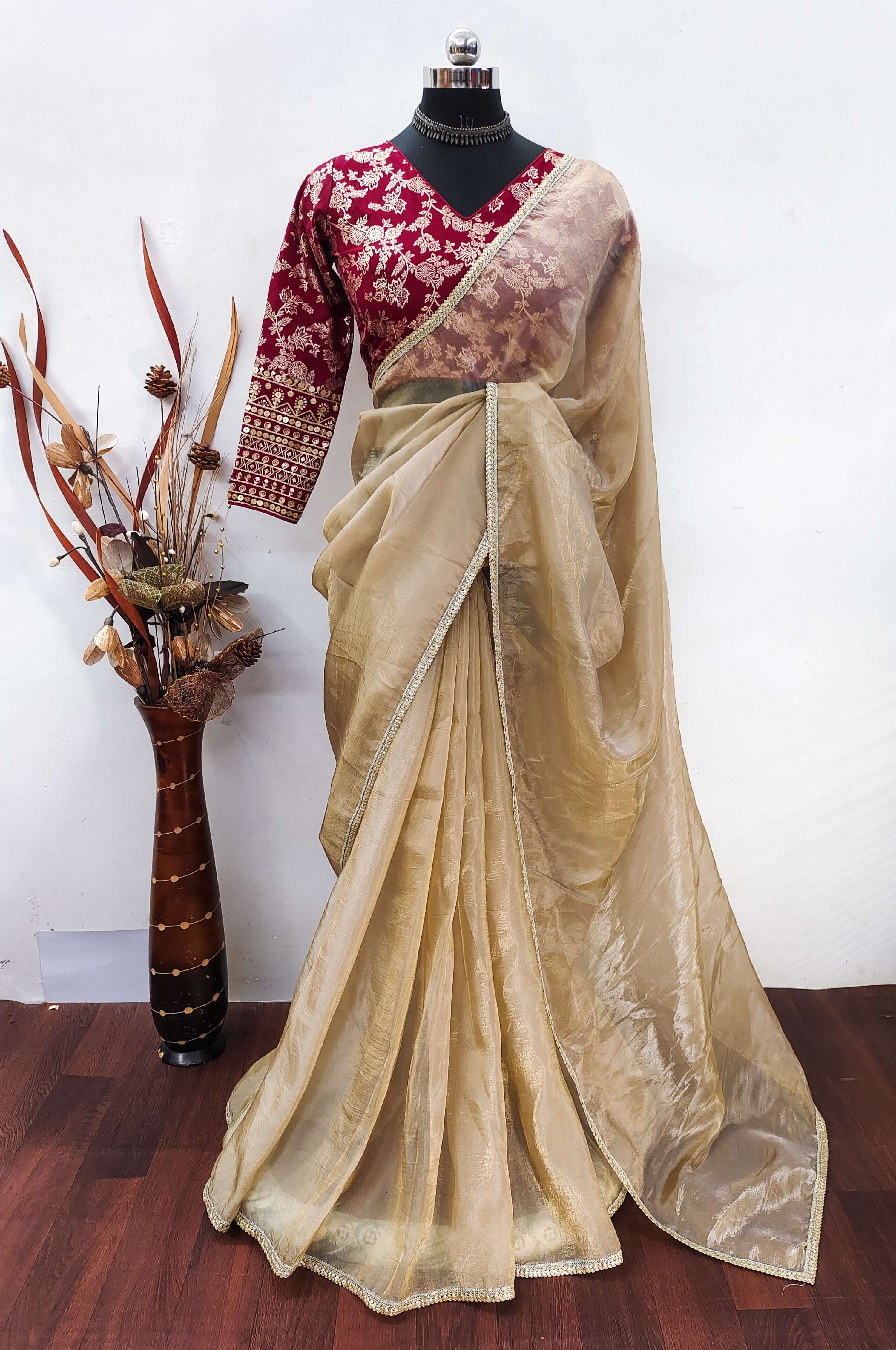 Teeya Creation Chiku Color Gold Crush Tissue Saree With Lace Border