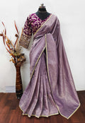 Teeya Creation Onion Color Gold Crush Tissue Saree With Lace Border