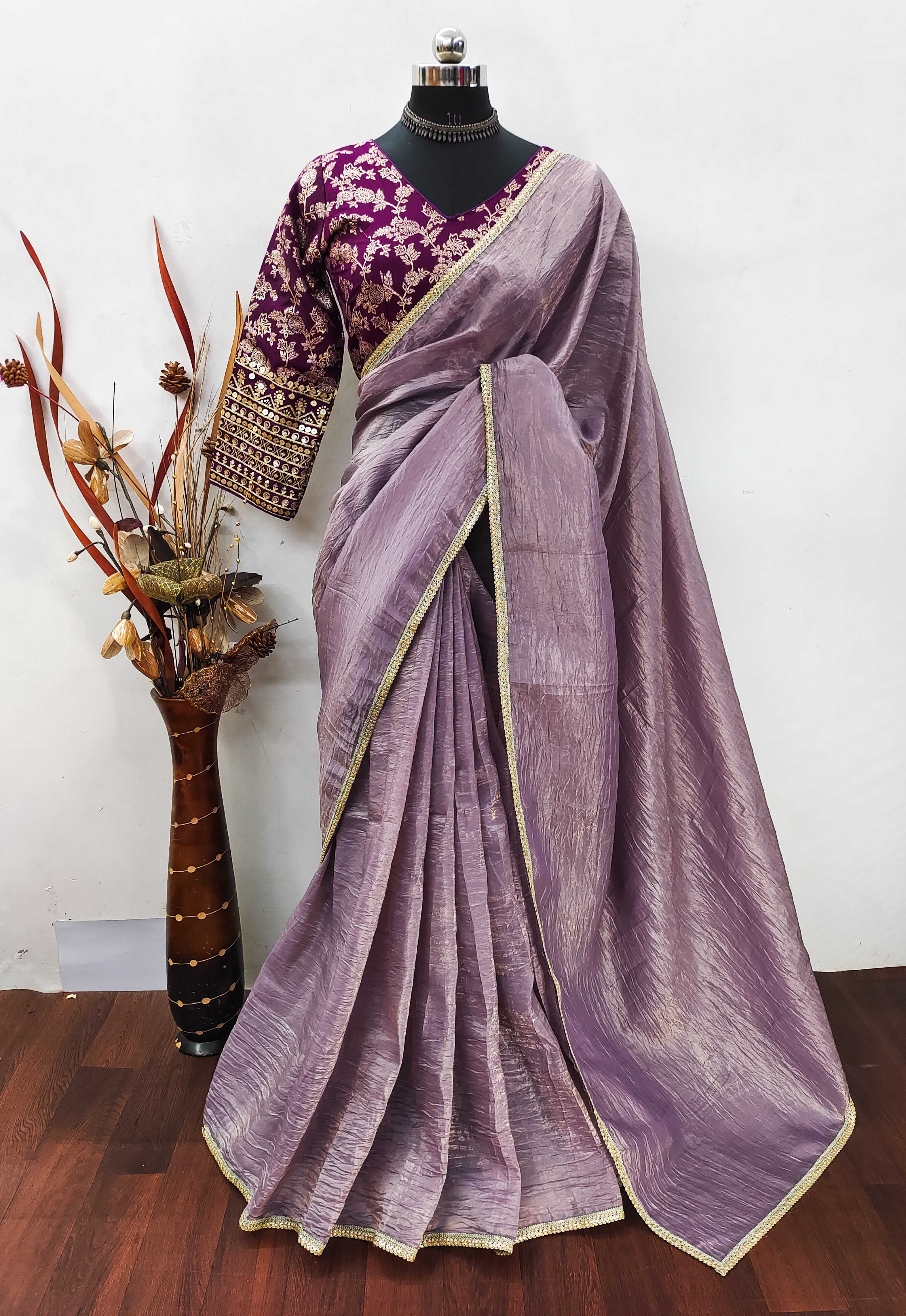 Teeya Creation Onion Color Gold Crush Tissue Saree With Lace Border