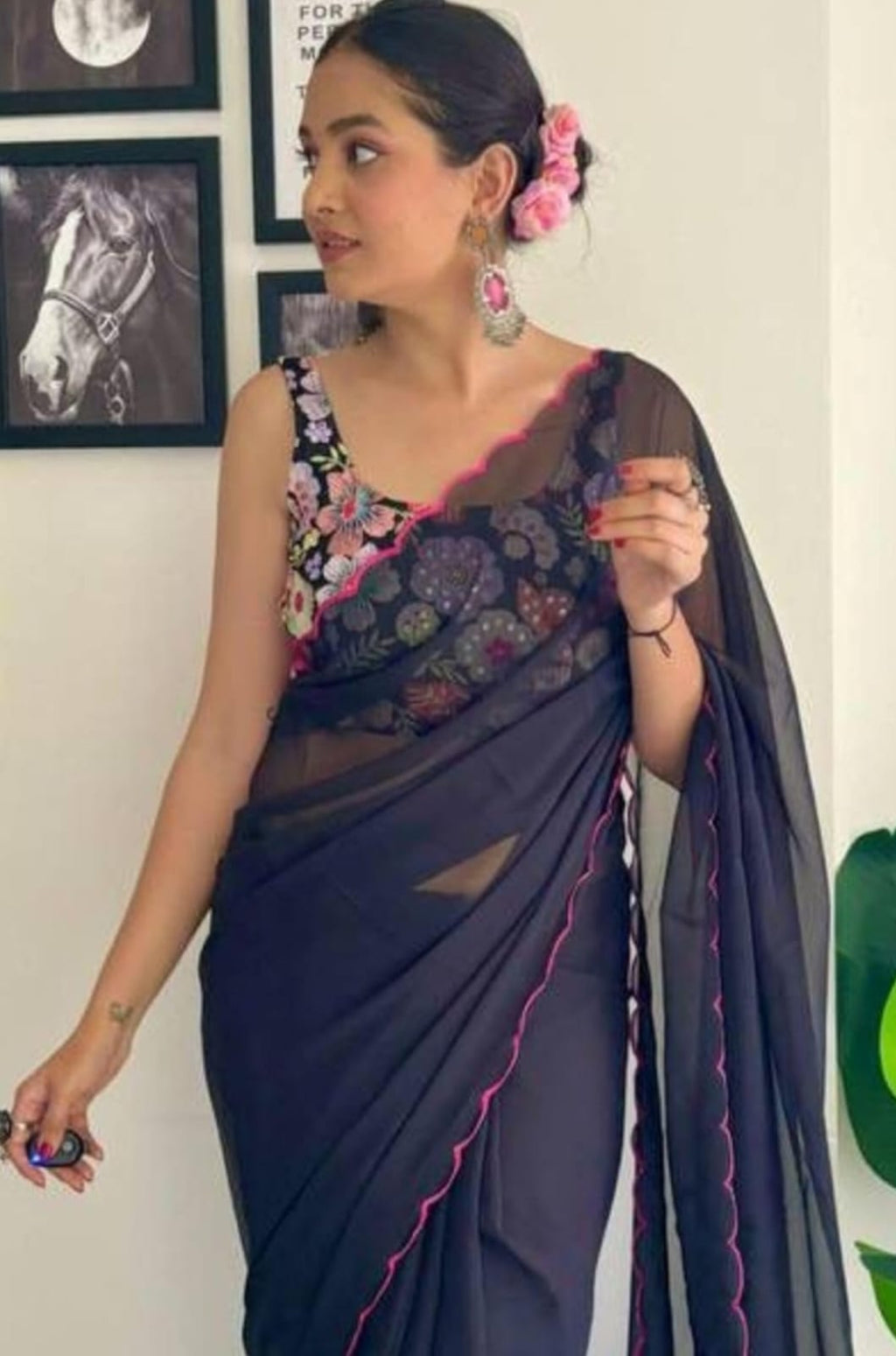 Vamika Embroidery Navy Blue Georgette Bollywood Saree