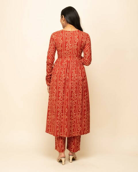 FIORRA Women's Red Cotton A-Line Kurta Pant With Dupatta