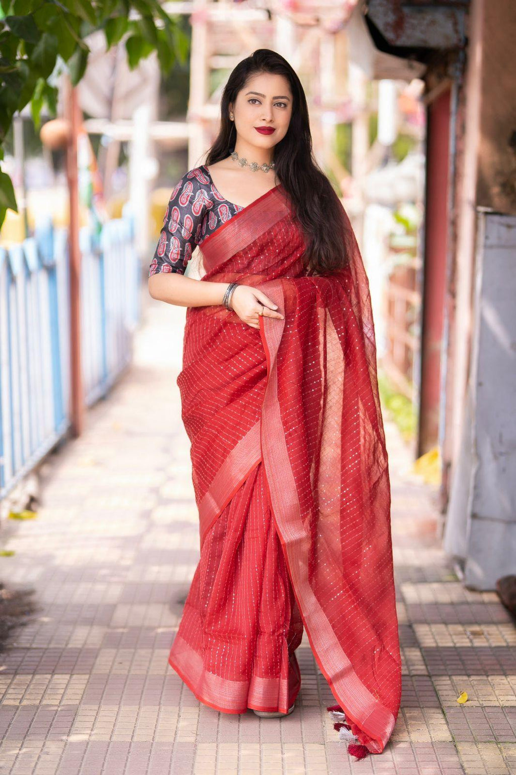 Red Linen Sequence Saree with Unstitched Blouse - Hiral Fashion