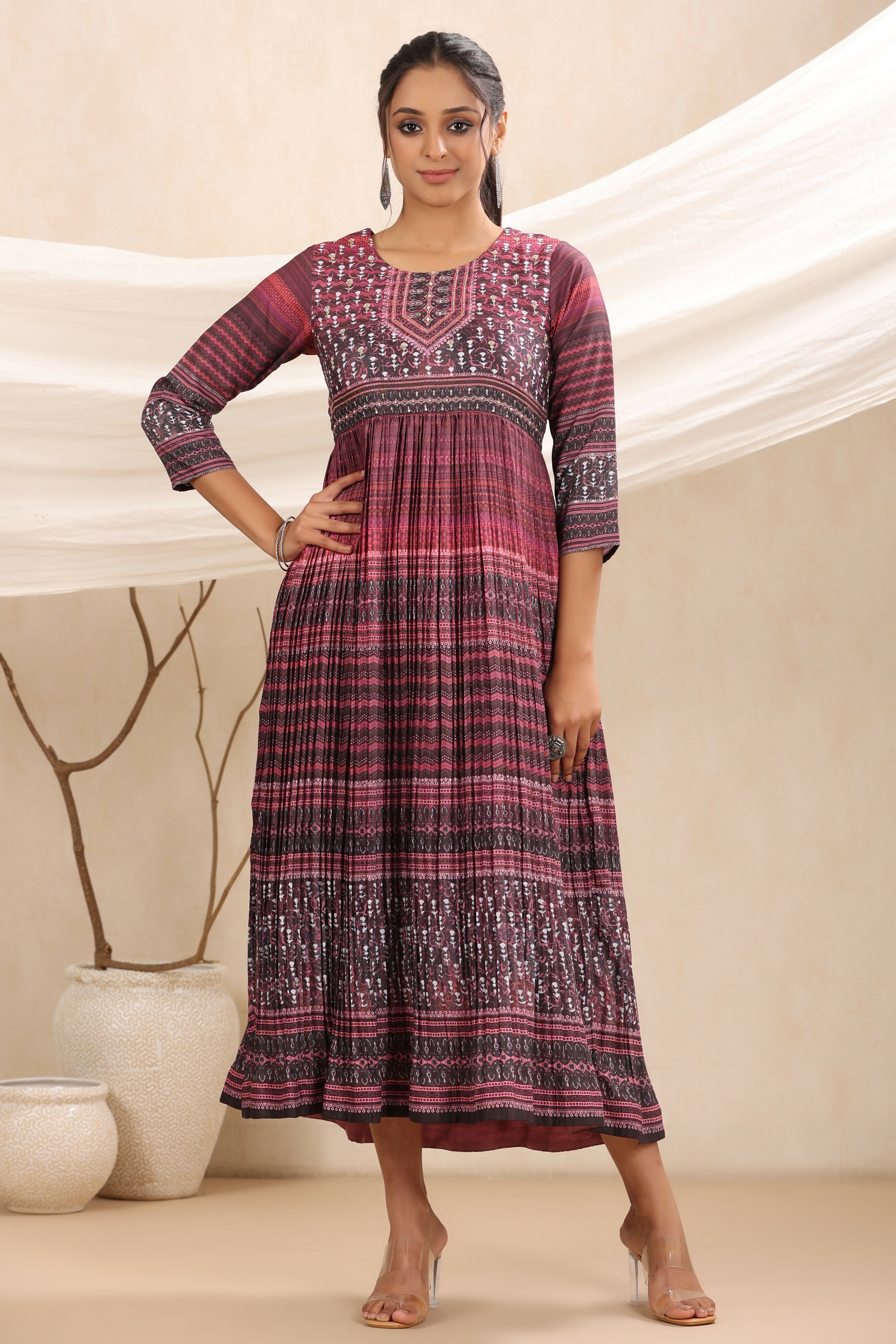 Juniper Purple muslin maxi dress with ethnic motif print with sequins & beads work