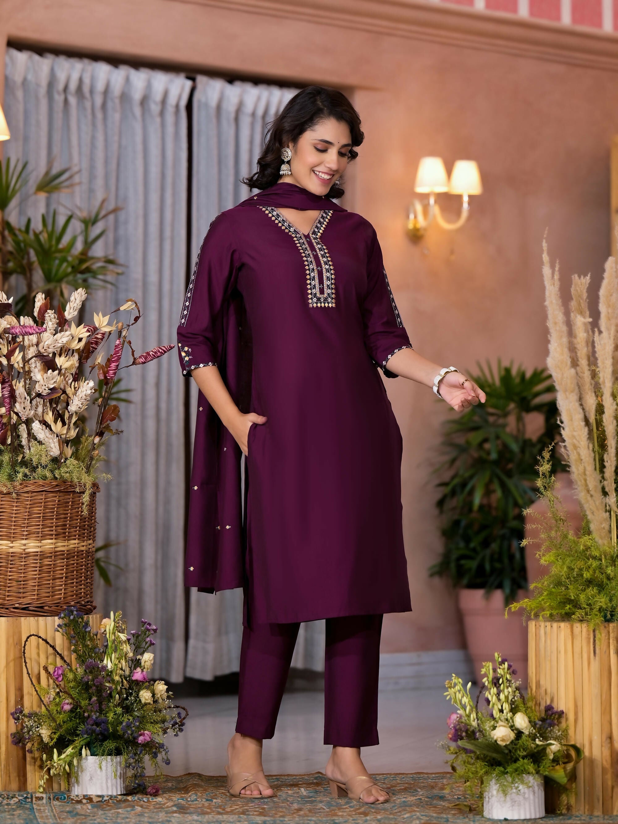 Juniper Women's Wine Thread Embroidered Viscose Kurta Pant And Dupatta Set With Sequins Work & Zari Work