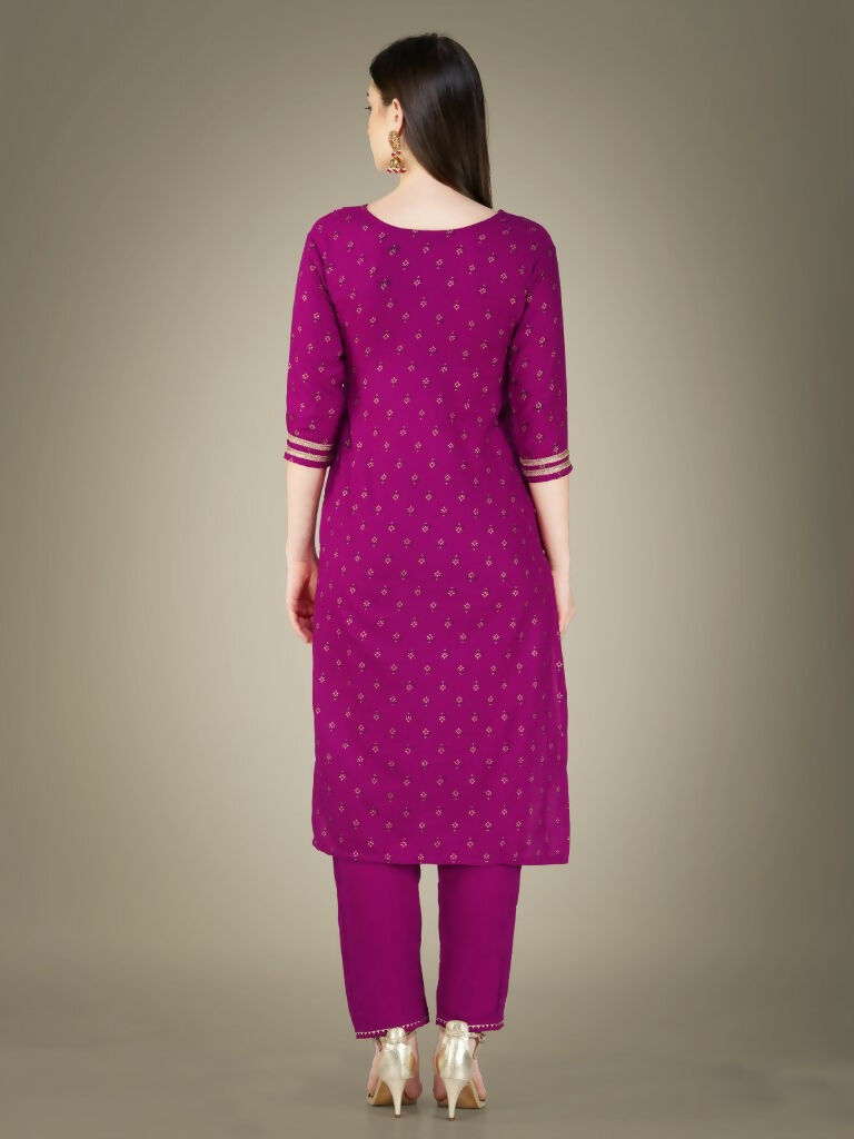 Jyoti Fashion Women's Purple Cotton Magic Slub Embroidery & Sequence work Kurta with Trouser & Dupatta