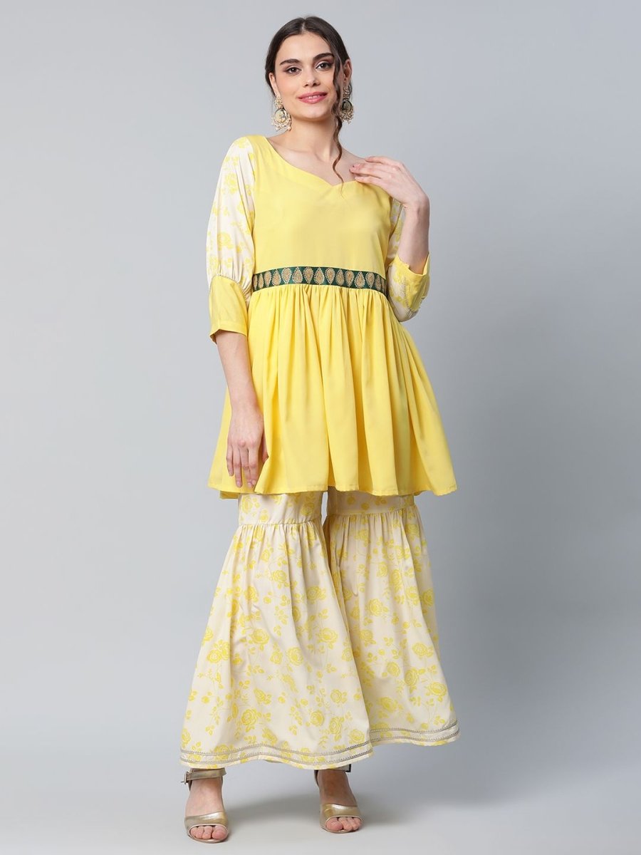 Ahalyaa Women Yellow Crepe Floral Short Kurta with Sharara Set