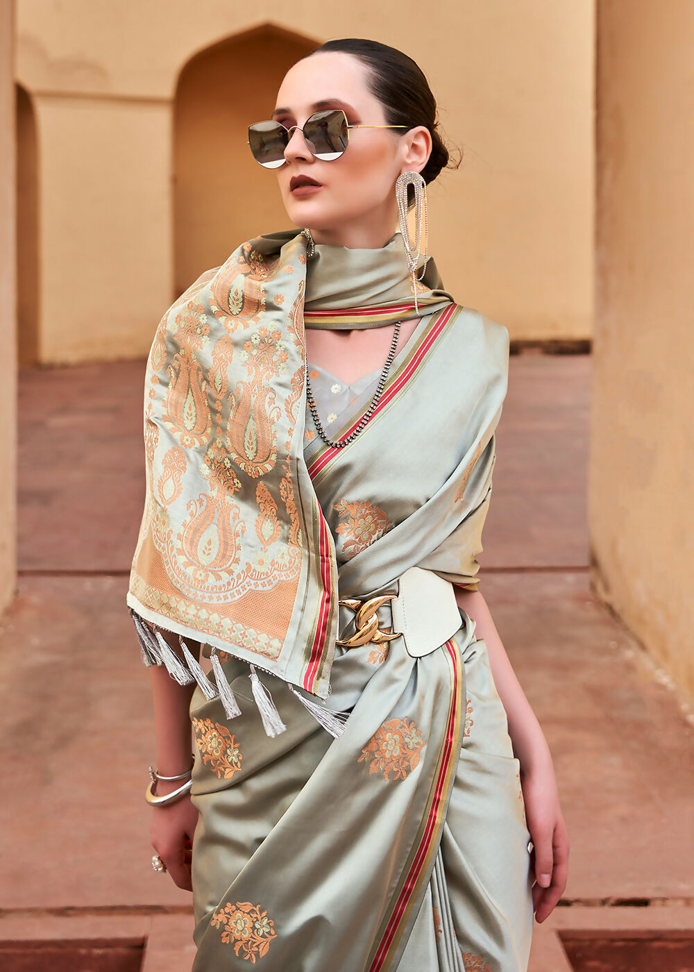 Dusty Grey Pure Satin Zari Weaving Wedding Festive Saree - Emponline