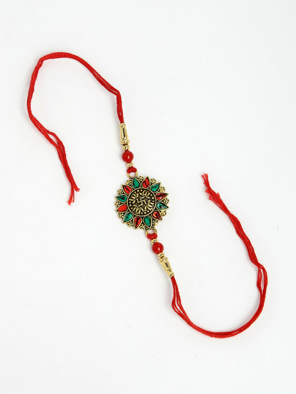 NVR Men Red & Gold-Toned Stone-Studded Rakhi With Roli Chawal & Chocolate