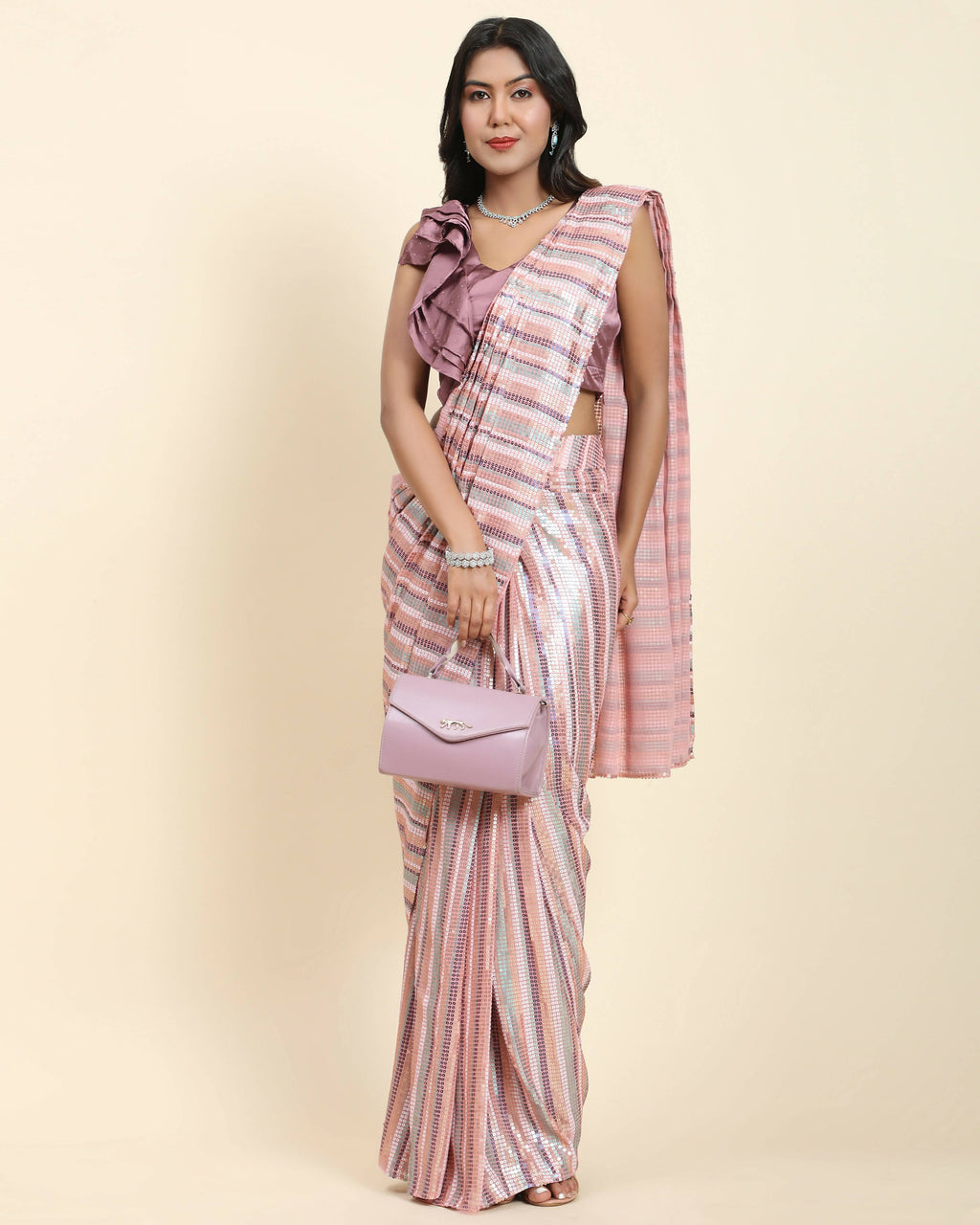 Pink Pure Georgette Sequence work Ready to wear Saree with stitched Blouse - Satiksha