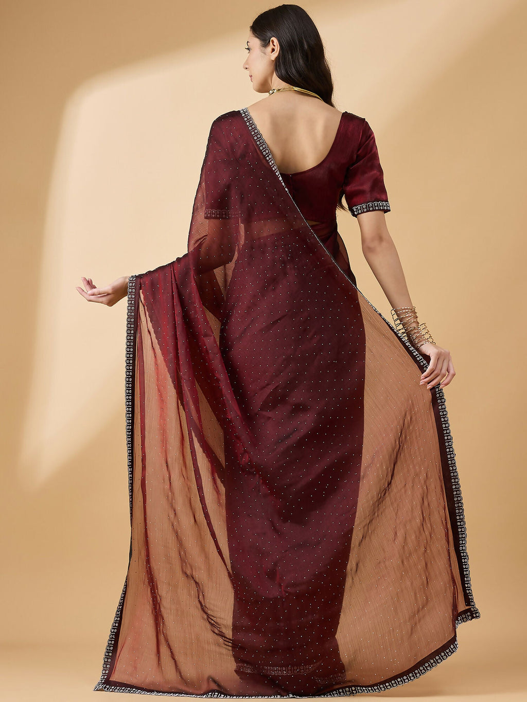 Brown Organza Swaroski Diamond Work Saree with Unstitched Blouse - Radha