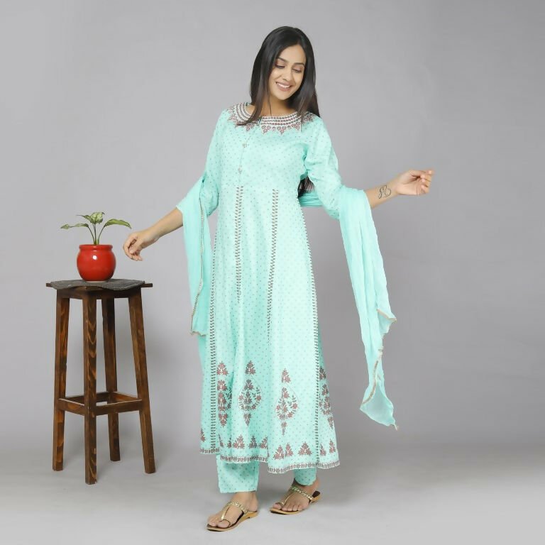 Alvano Women's Stylish Rayon Anarkali Kurta with Pant and Dupatta set Casual wear, Partywear, Wedding