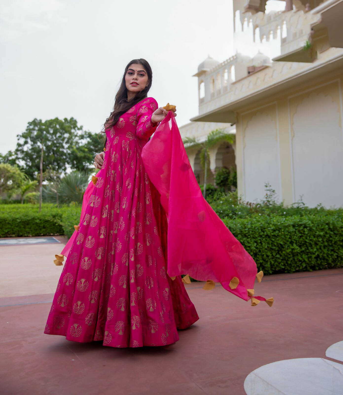 Pink Pure Reyon Gold Foil Work Stitched Suit With Dupatta - Anbazaar
