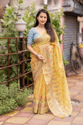 Yellow Pure Linen Ethnic Motifs Saree with Unstitched Blouse - A2M