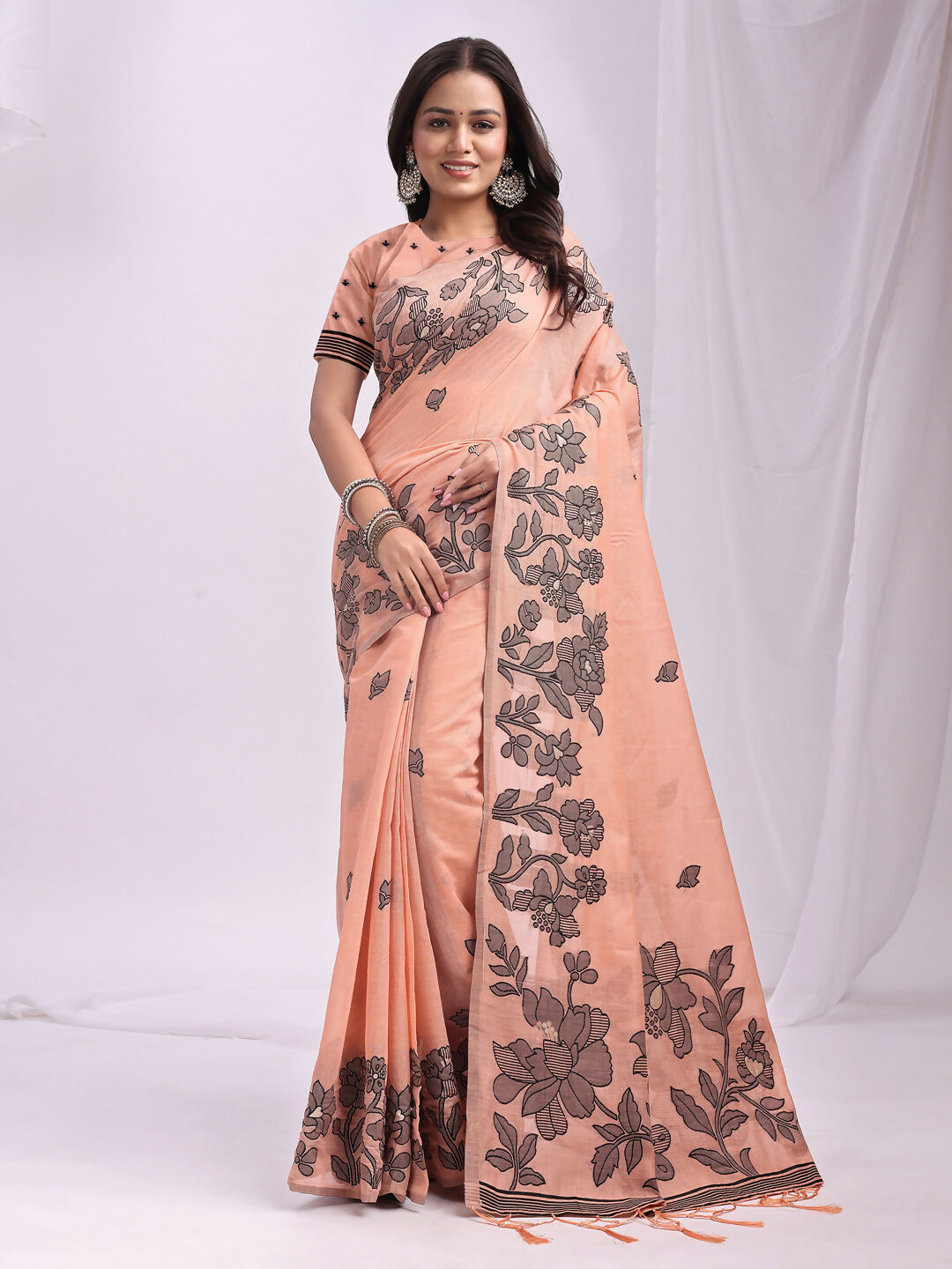 Shree Shyam Fashion Kashira Orange Linen Cotton Saree