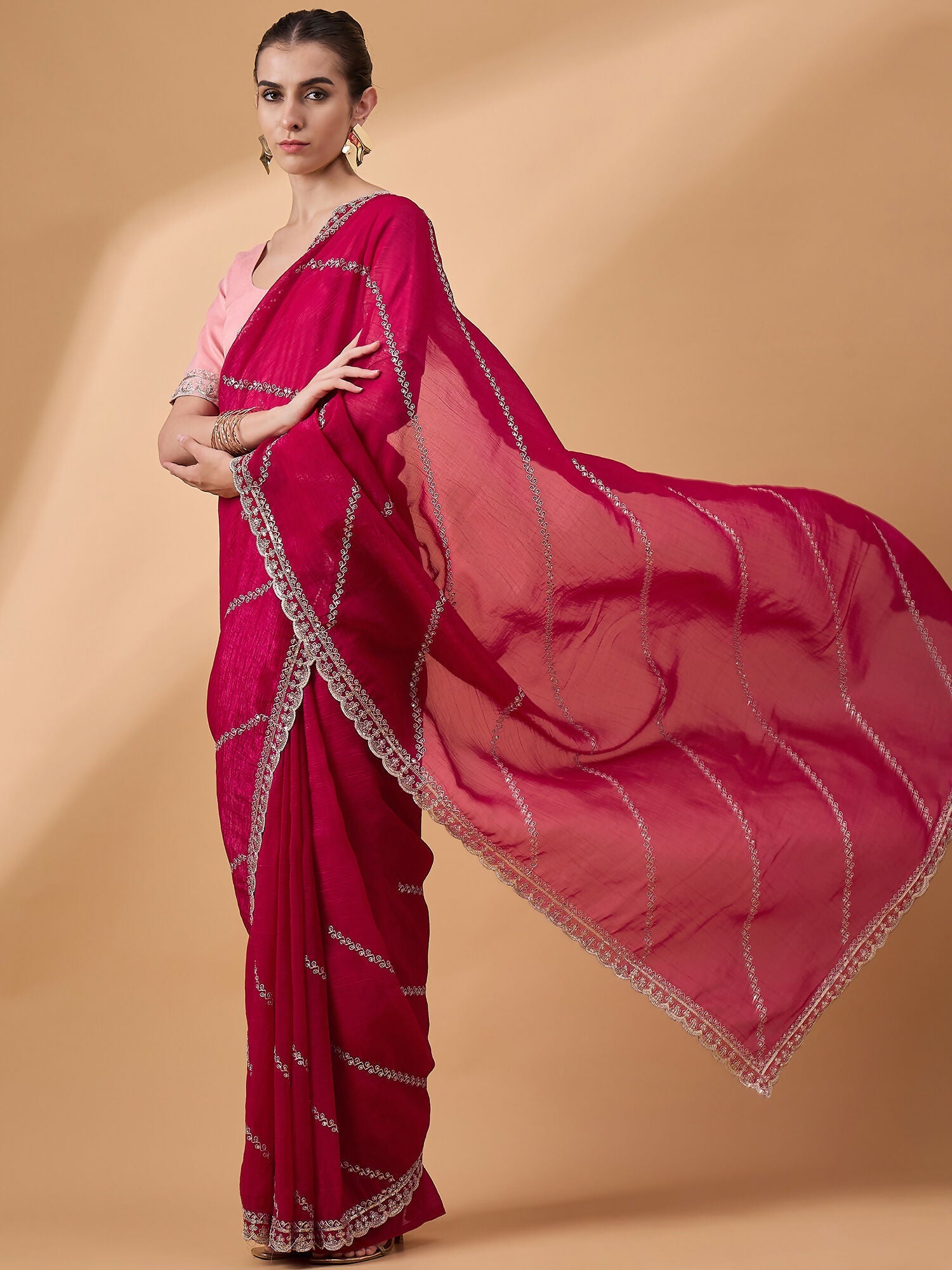 Pink Muslin Embroidered Saree with Unstitched Blouse Piece - Satya