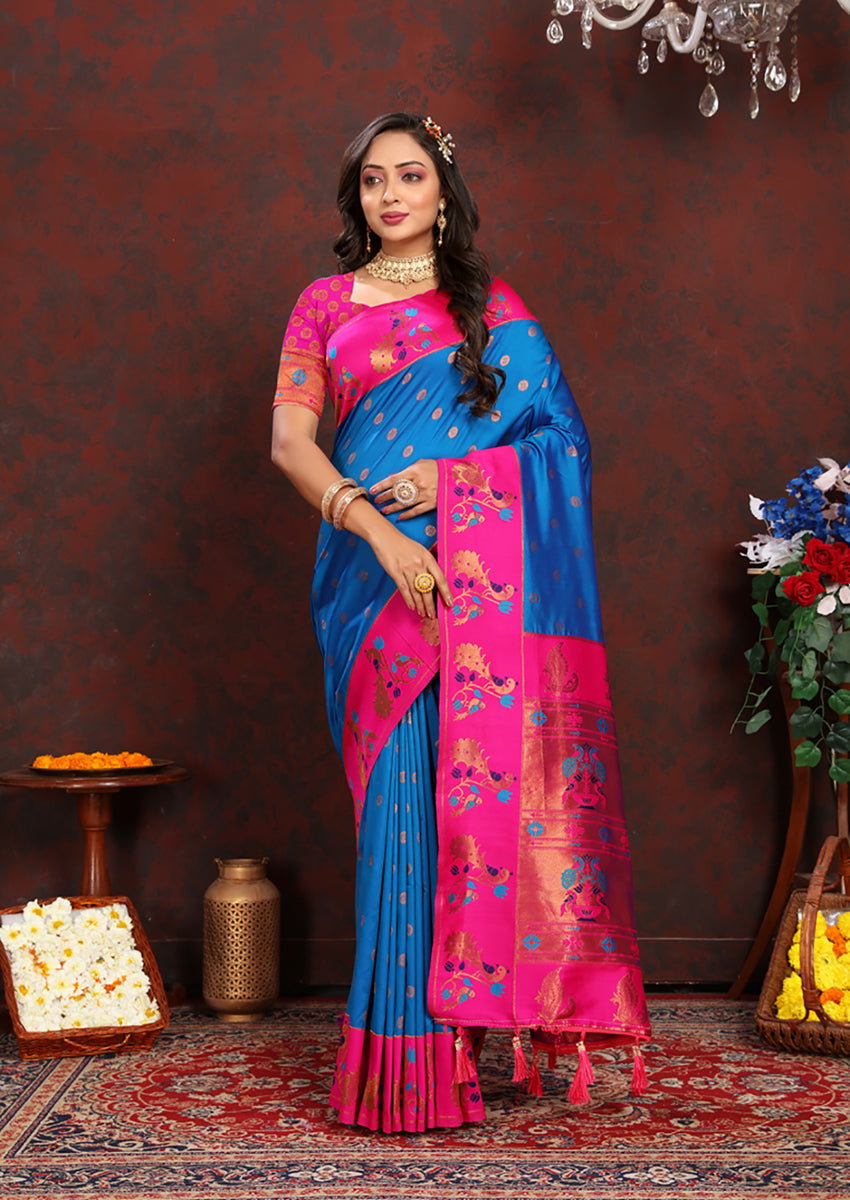 Lorenvalley Fashion Firozi Soft Paithani Silk Woven Design Rich Zari Meenakari Weaving Saree