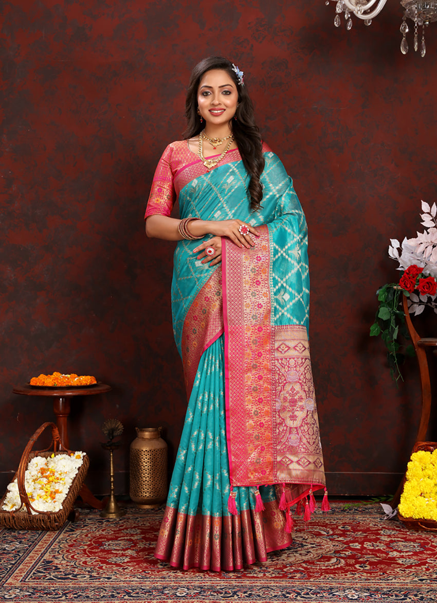 Lorenvalley Fashion Firozi Organza Silk Woven Design with Rich Meenakari Weaving Pallu Saree