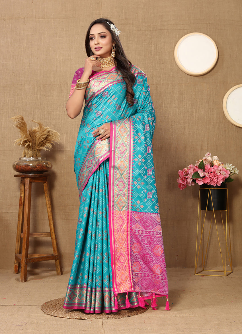 Lorenvalley Fashion Firozi Patola Silk Woven Design with Zari Meenakari Weaving motifs motifs Pallu Saree
