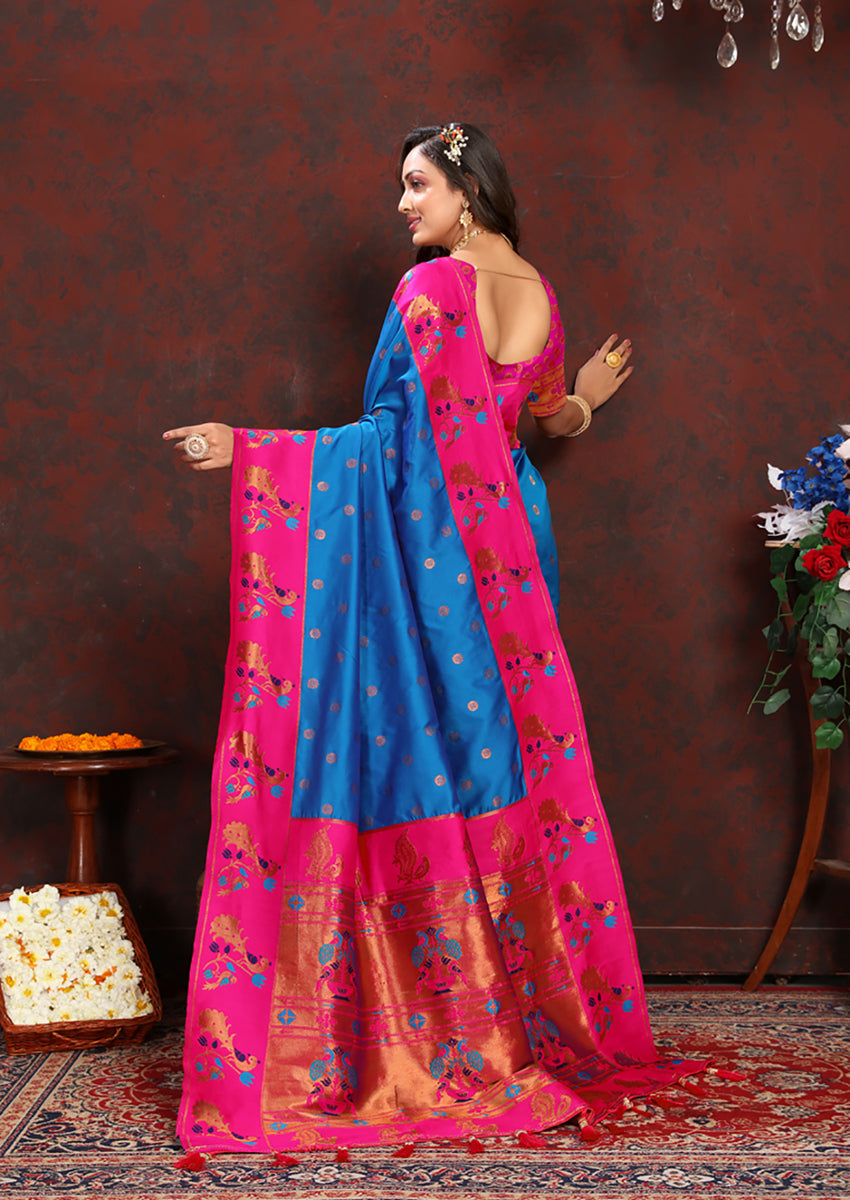 Lorenvalley Fashion Firozi Soft Paithani Silk Woven Design Rich Zari Meenakari Weaving Saree